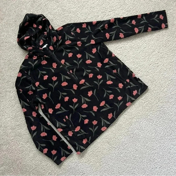 O’NEILL Hooded Top Half Zip Pullover Polar Fleece Flower Print Large Black NEW, - Picture 1 of 16